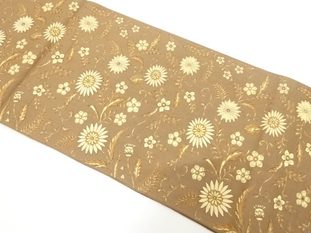 JAPANESE KIMONO / ANTIQUE FUKURO OBI / WOVEN FLORAL PLANTS